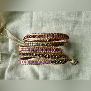Victoria Emerson purple silver and tan vegan wrap bracelet 4-5 wraps